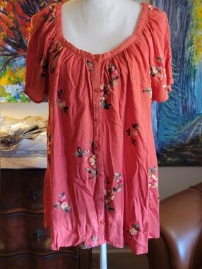 Women’s Coral Embroidered Button-Front Blouse